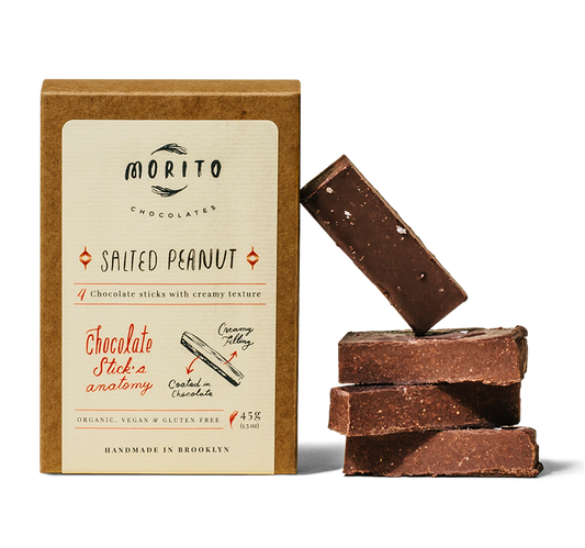 This classic chocolate stick marries the flavor of roasted peanuts and roasted cacao nibs, with a touch of Himalayan salt to make all the flavors shine.   These Salted Peanut chocolate sticks are organic, vegan, gluten-free and low in sugar. We use simple ingredients, and produce our chocolates in small batches without added preservatives.