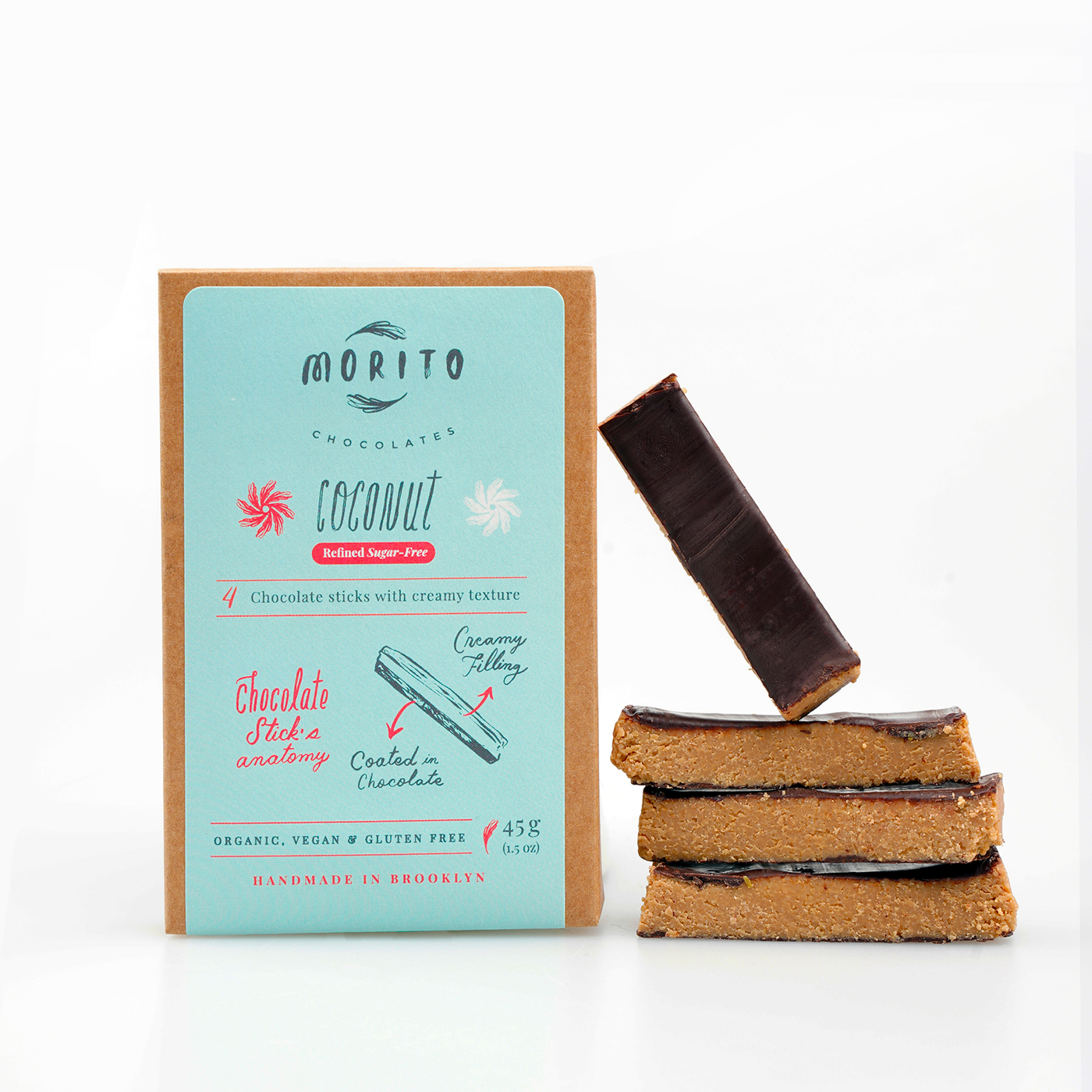 Morito Chocolates coconut chocolate sticks packaging with bars on a white background