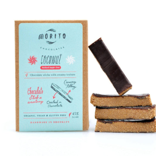 Morito coconut ice cream bars with packaging on a white background