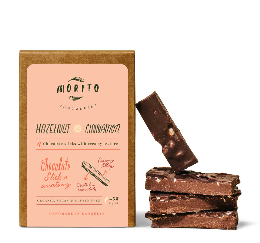 Our Hazelnut Cinnamon chocolate stick has a balanced, nutty, and fruity profile in combination with cinnamon and the beautiful hazelnut flavor. Made with 68% cacao, organic dark chocolate.  These Hazelnut Cinnamon chocolate sticks are organic, vegan, gluten-free and low in sugar. We use simple ingredients, and produce our chocolates in small batches without added preservatives.